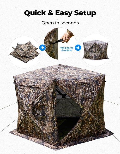 KEMIMOTO Hunting Blinds Ground for Turkey 3-4 Person, 270 Degree See Through with Removable Waterproof Rain Cover and Camouflage Straps, Pop Up Hunting Tent with Safety Reminder Markings (9ft Size)