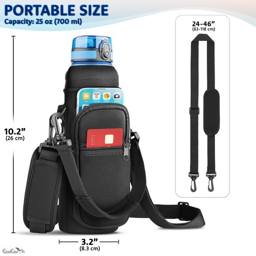 EcoEarth - Water Bottle Carrier Bag - 25 oz, Black - Hiking & Daily Use - Phone & Essentials Pocket - Padded Shoulder Strap