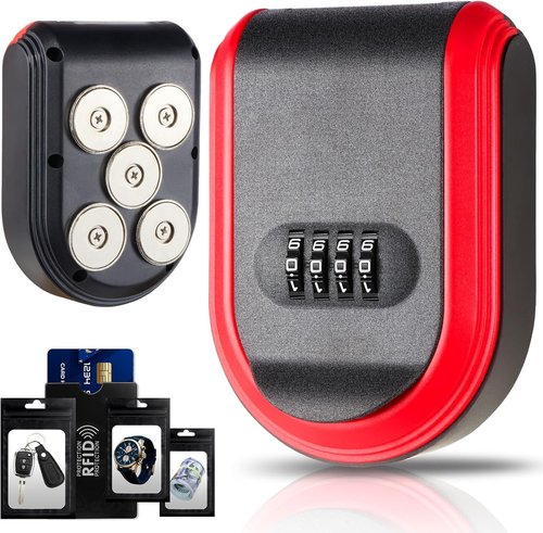 Magnetic Key Box for Under Car with 5 Strong Magnets, Hide a Key Outside with Resettable Combination Lock Box, Waterproof Magnetic Key Holder for Outdoor, Vehicle, Home, or Office Use (1, Black)