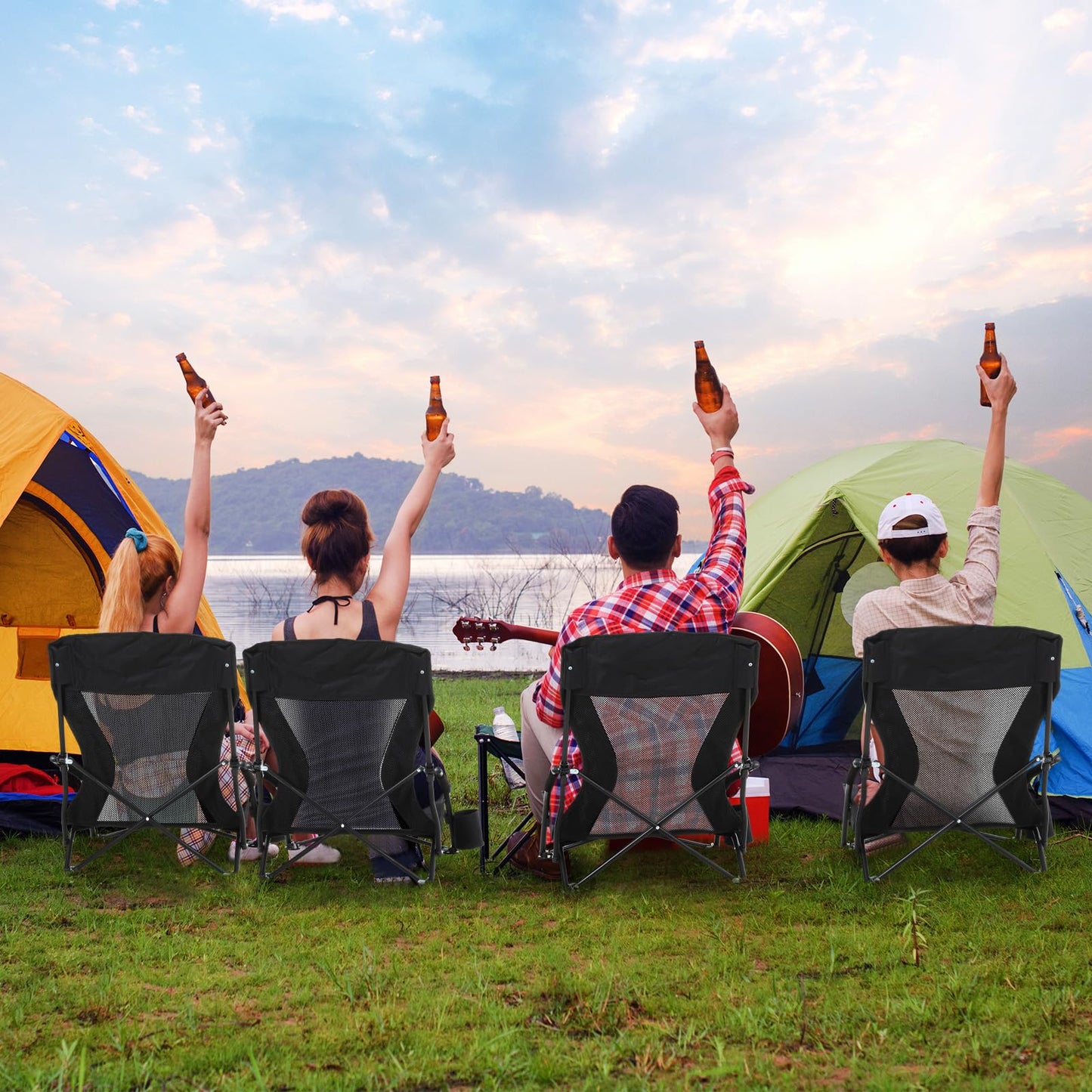 FillTouch 6 Packs Low Beach Chairs Portable Folding Low Back Camping Chair for Adults with Cup Holder Carry Bag Lightweight for Outdoor Sand Lawn Travel Concert (Black)