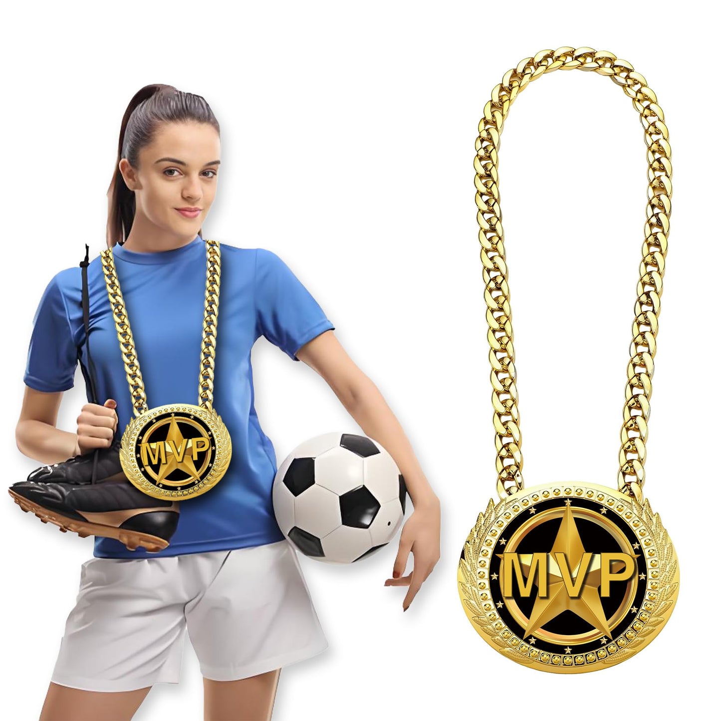 Gold MVP Award Medals Necklace - 6" Big Sports Achievements Champ Medal with Turnover Chain for Most Valuable Player,Champion Chain for Sports Competitions Celebration, Prize Gifts Party Favors