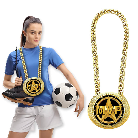 Gold MVP Award Medals Necklace - 6" Big Sports Achievements Champ Medal with Turnover Chain for Most Valuable Player,Champion Chain for Sports Competitions Celebration, Prize Gifts Party Favors