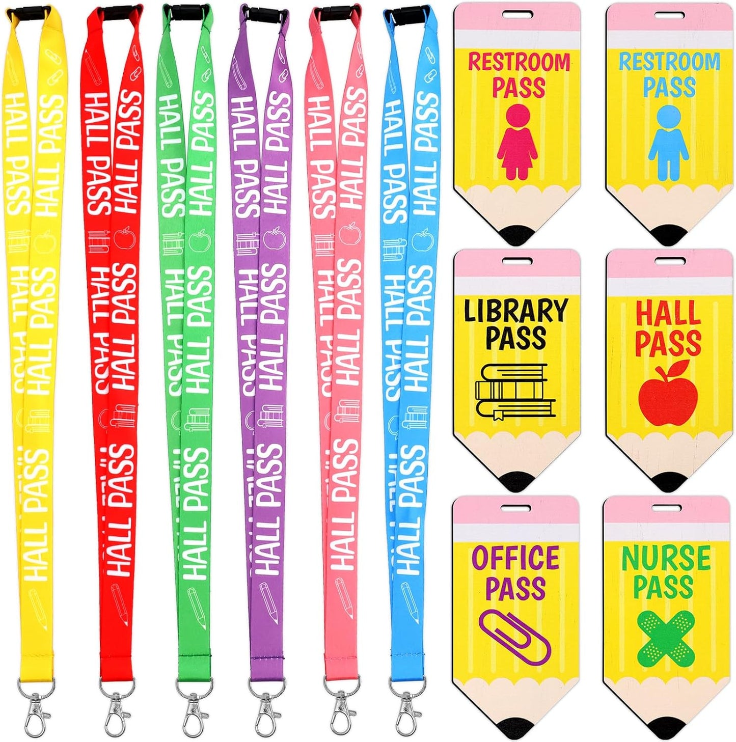 6 Sets Hall Pass Lanyards and School Passes Set Classroom Wooden Passes for Hall Office Library Nurse Restroom Teacher Gift