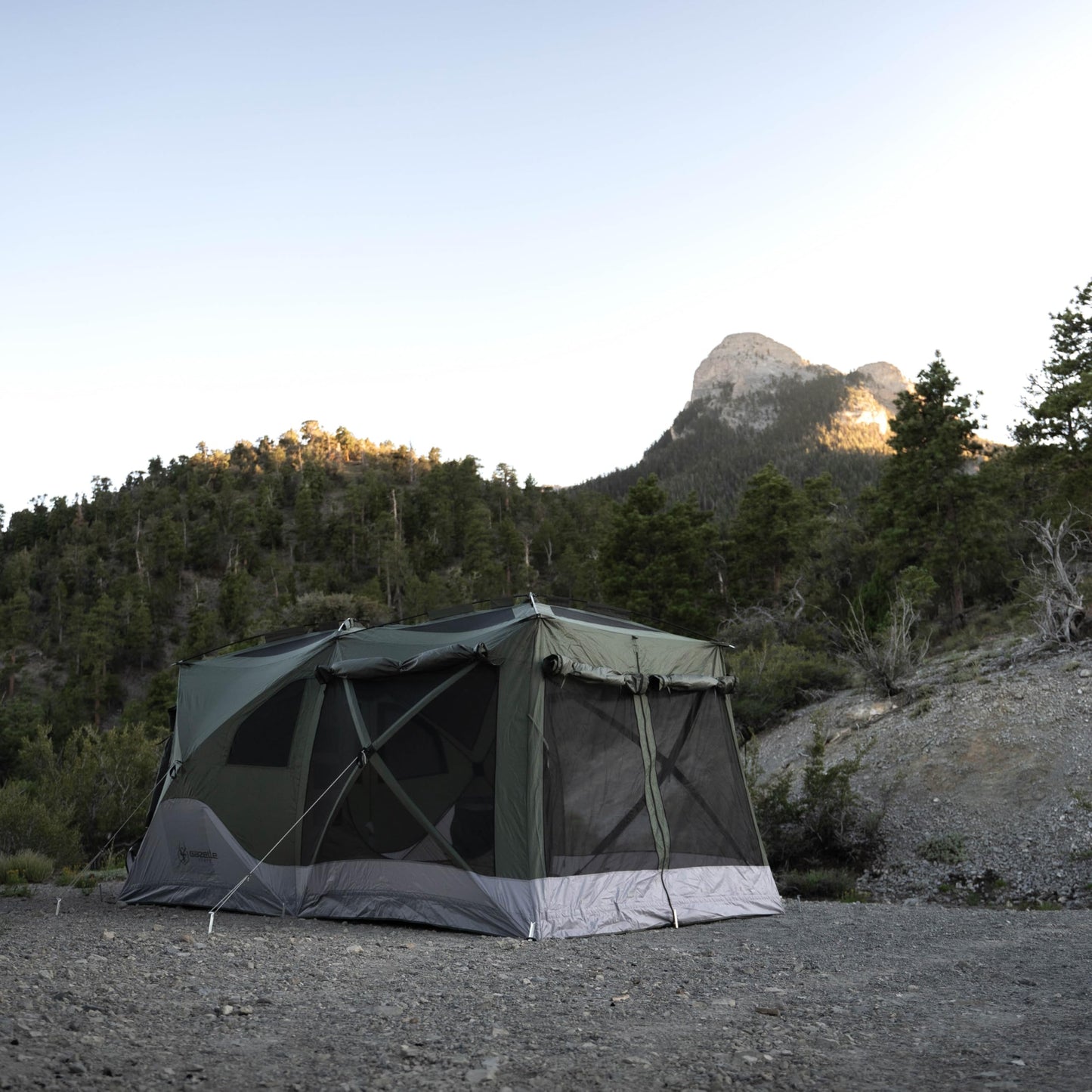 Gazelle Tents™, T4 Tandem Hub Tent, Easy 90 Second Set-Up, Waterproof, UV Resistant, Convertible Screen Room, Removable Floor, 4-8 Person, Alpine Green, 78" x 94" x 165", GT450GR