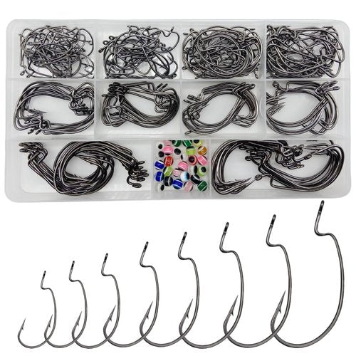 DAMIDEL 220Pcs/Box 2X Strong High Carbon Steel Worm Fishing Hook,8 Sizes Mixed(5/0,4/0,3/0 2#,4#), Senko Soft Bait Fish Hook Set for Bass,Barded Design,25 Pcs Eye Beads Bait