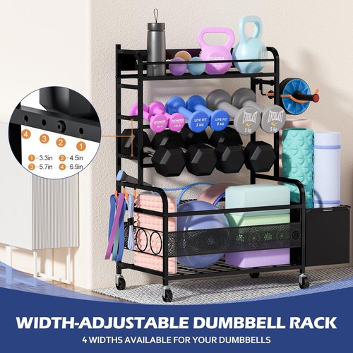 MESHDO Weight Rack for Dumbbells, Home Gym Storage for Dumbbells Yoga Mat Kettlebells and Balls, All in One Workout Equipment Storage with Wheels and Hooks