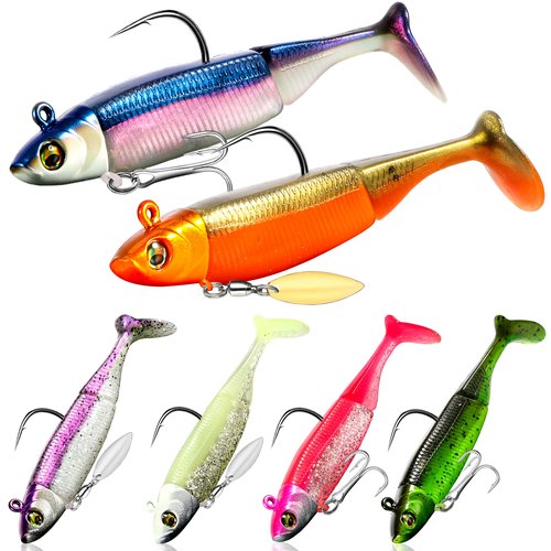 PLUSINNO Fishing Lures, Pre-Rigged Jig Head Bass Lures with Spinner, Fishing Bait for Freshwater Saltwater, Soft Plastic Fishing Lures Swimbait for Trout Crappie Fishing Gear, Fishing Gifts for Men
