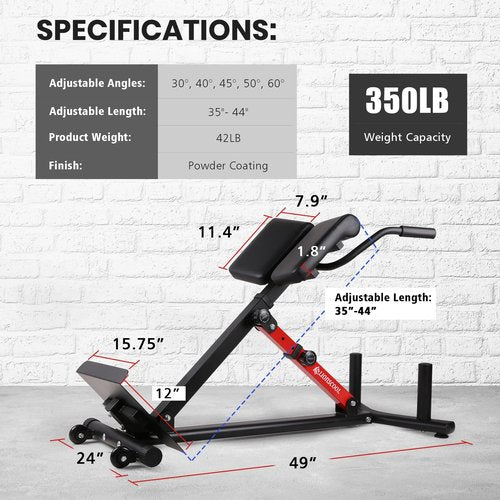 LIONSCOOL Heavy-Duty Adjustable Roman Chair - Back Extension Bench with Multiple Adjustment Functions- Hyperextension Bench Perfect for Home Gym (RED, 45° Bench)