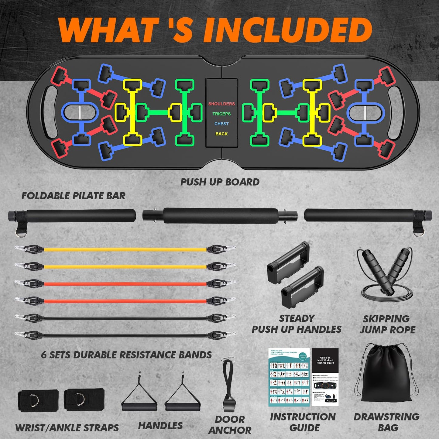 KUYOU Portable Home Gym Workout Equipment, Push Up Board, Pilates Bar & Fitness Accessories with Resistance Bands for Upper Body Strength Training Full Body Workout at Home