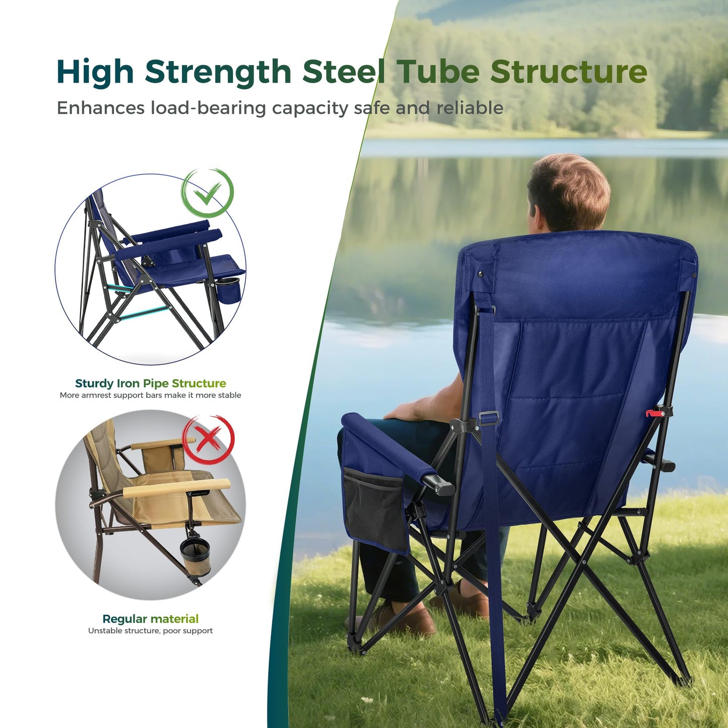 ALPHA CAMP Oversized Folding Camping Chairs High Backrest Heavy Duty Lawn Chairs for Adults Support 500 LBS Portable Camp Chairs with Cup Holders Large Side Pocket for Outdoor