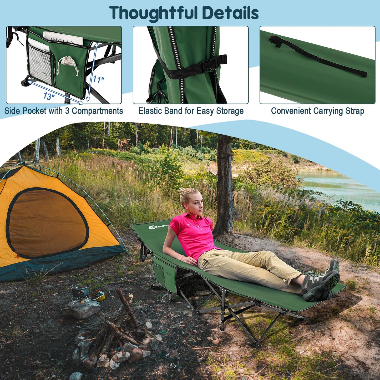 Goplus Folding Camping Cot, 27.5" Sleeping Cot for Adults with Carry Bag, 600LBS Weight Capacity, Slanted Head, Side Pocket, Heavy Duty Portable Camping Bed for Kids, Beach, Office Snap (Green)
