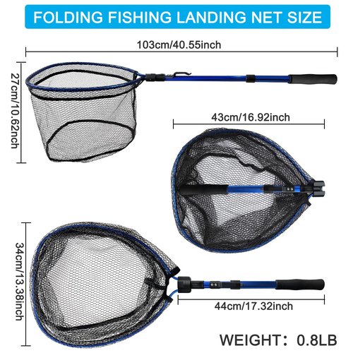 LBW Collapsible Fishing Net with Telescoping Handle, Folding Kayak Net for Freshwater or Saltwater, Trout Catfish Bass Rubber Landing Net