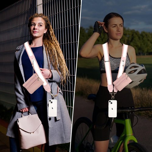 KSOPUERT Reflective Phone Strap for Walking at Night Adjustable Chain Phone Lanyard with Wallet for Runners Walkers Men Women Dog Walking，Reflective Light Green