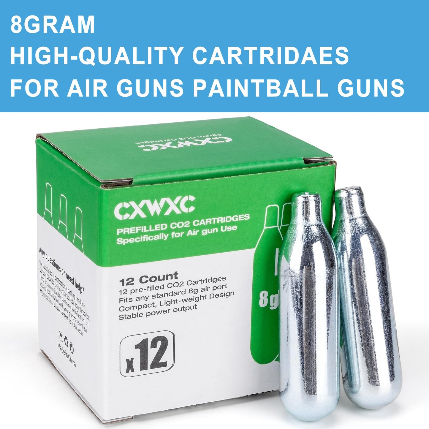 8 Gram/ 12 Gram CO2 Cartridges for Paintball - CO2 Cylinder CO2 Powerlet Cartridges for Airsoft, Air Gun, Pepper Gun P2P HDP 50 Compact(8G-12PC)