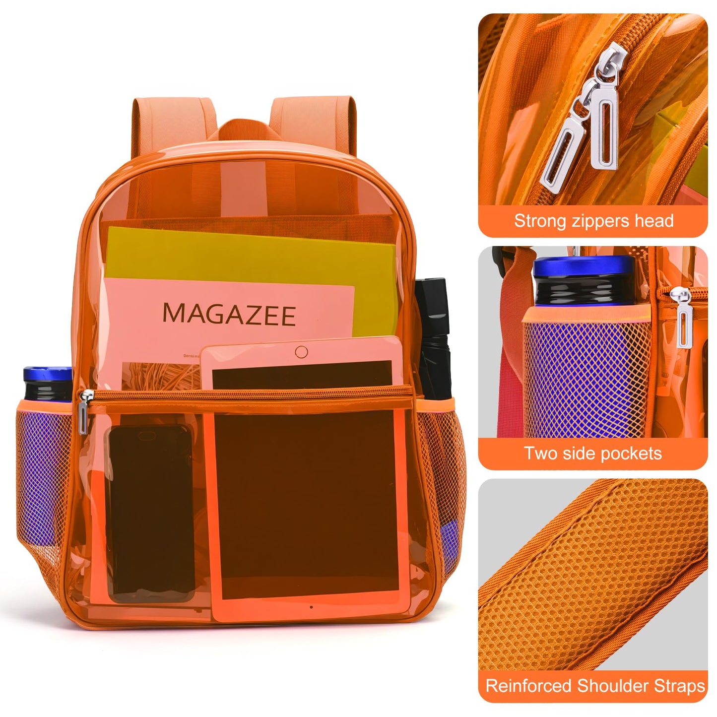REAWUL Clear Backpack Heavy Duty Large TPU Transparent Backpacks See Through Backpacks for Security Travel,College. (Orange)