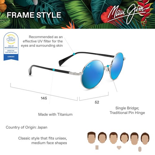 Maui Jim Mokupuni Round Sunglasses, Titanium/Blue Hawaii Polarized, Medium