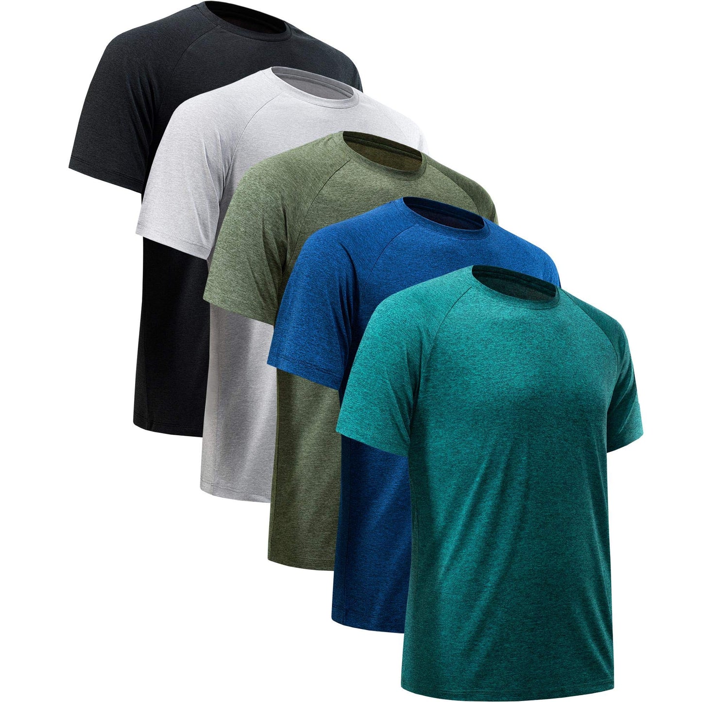 MCPORO Workout Shirts for Men Short Sleeve Quick Dry Athletic Gym Active T Shirt Moisture Wicking 5 Pack Black, Dark Blue, Army Green, Light Grey, Hydro Teal Medium