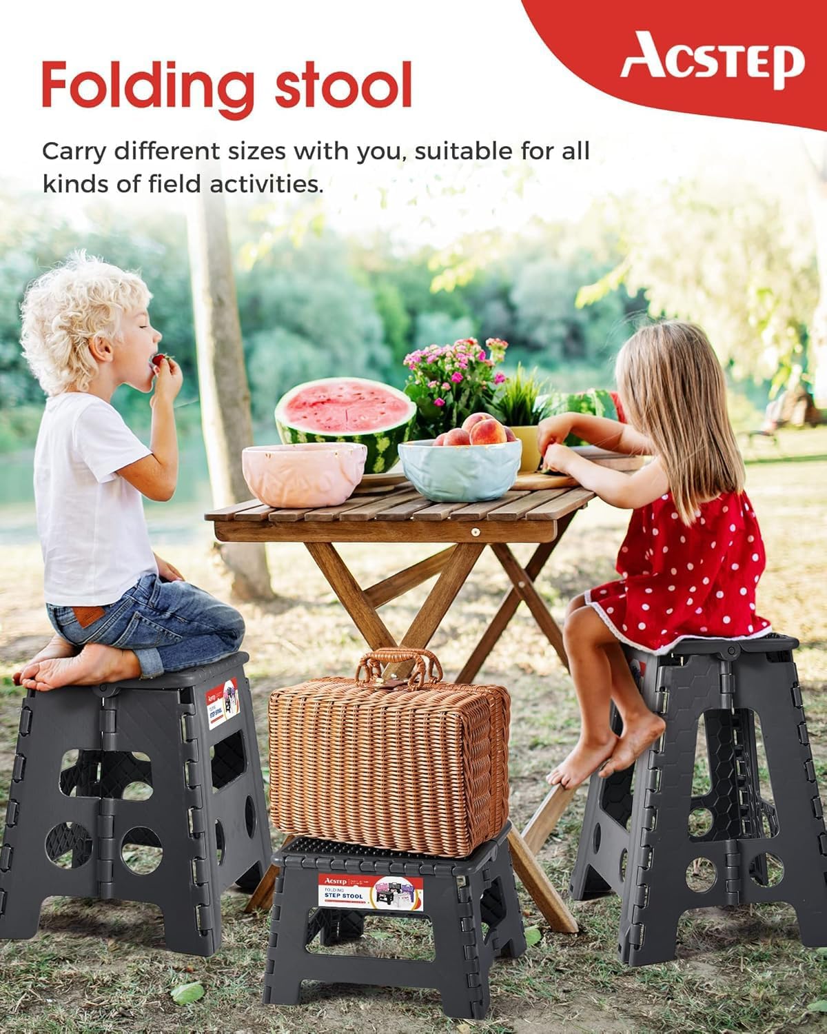 ACSTEP Folding Step Stool Foldable Stool 7.5 Inch Height Kids Step Stool, 300 lb Capacity Plastic Collapsible Stool, Stepping Stool with Handle Black Small Step Stool, Foot Stool Suitable for Kitchen