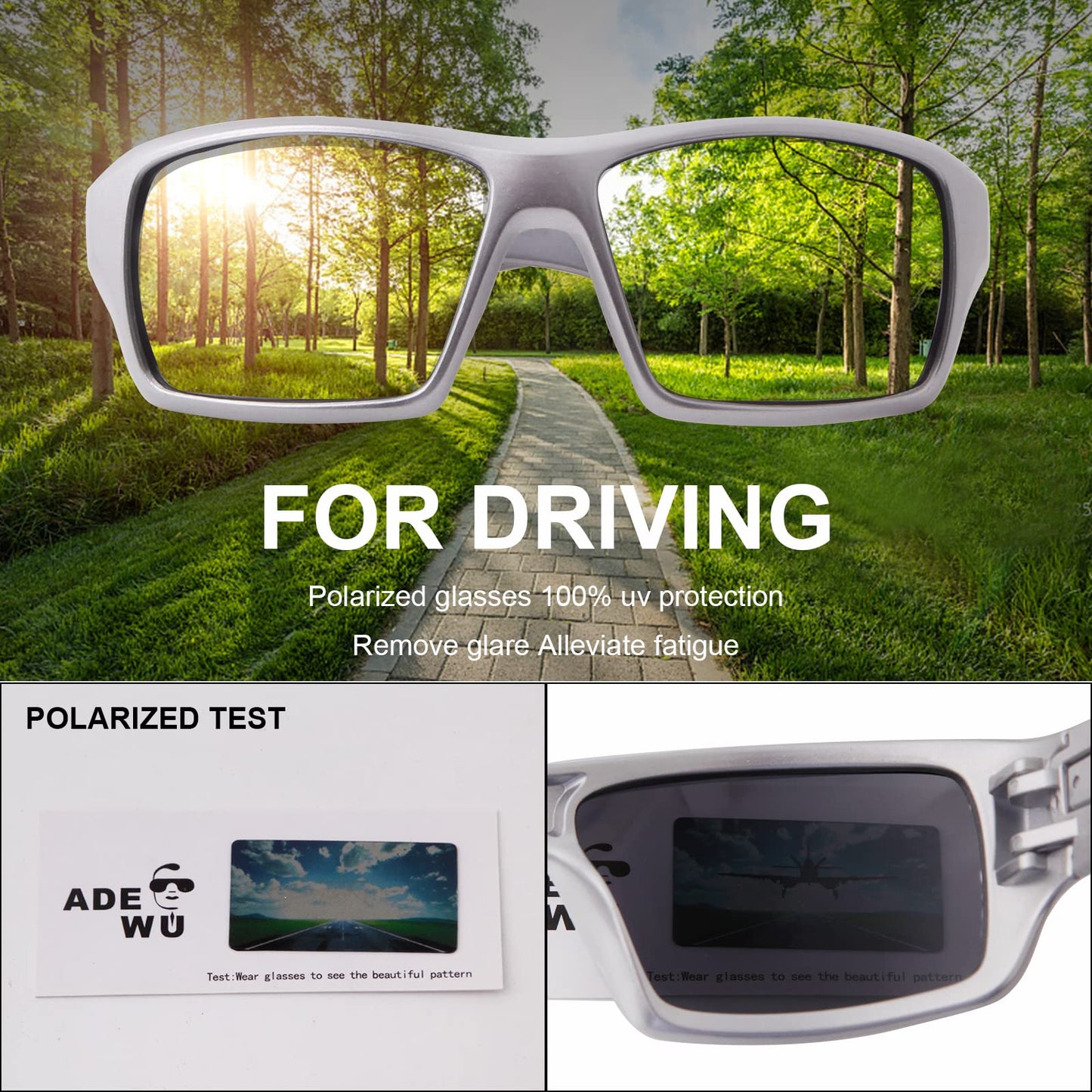 ADE WU Polarized Sports Sunglasses for Men Women, Trendy Rectangle Sunglasses Mens Designer Eyewear (Silver/Grey)