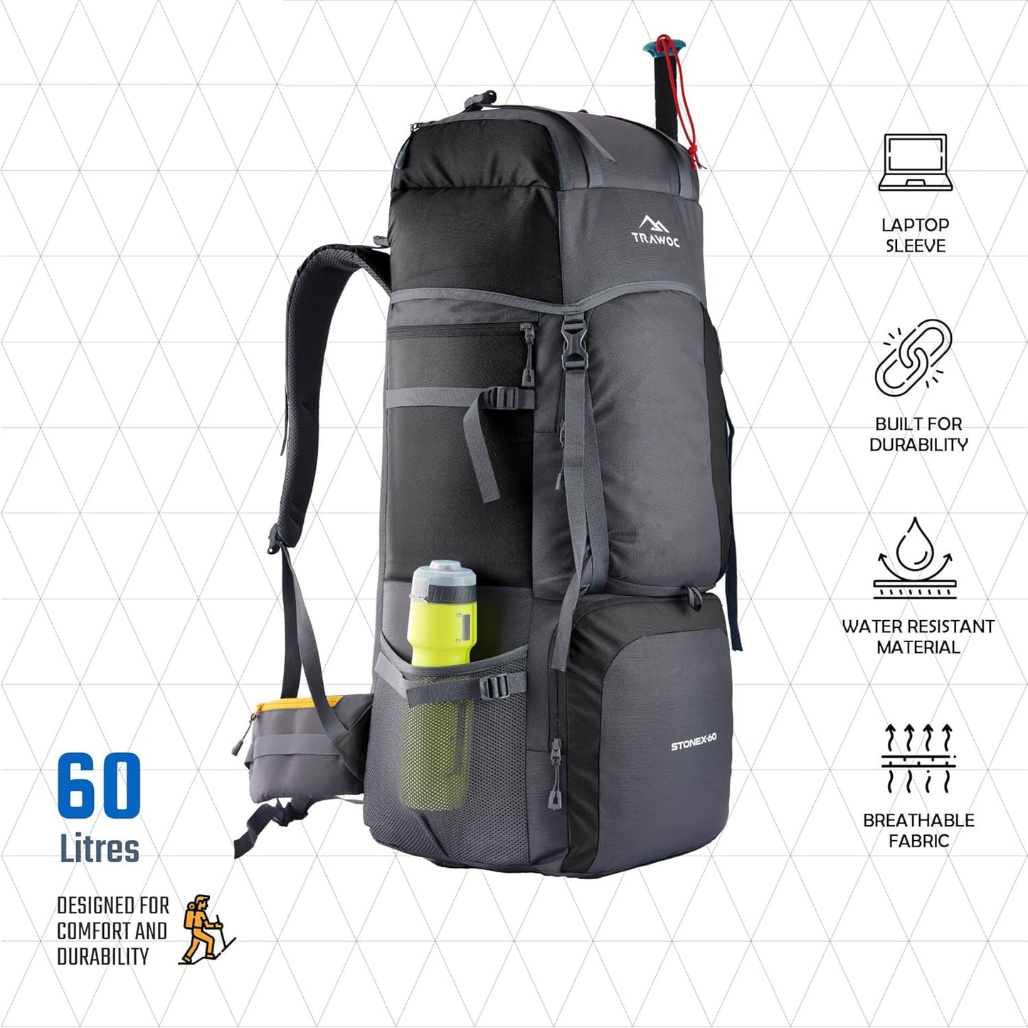 STONEX 60 Ltr Travel Backpack Trekking Rucksack bag for Men & Women Travel Camping Hiking Backpack, Sky Blue