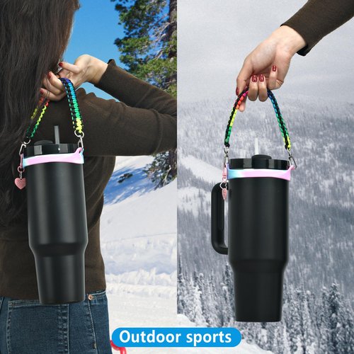 Wongeto Water Bottle Handle,Paracord Water Bottle Strap,Bottle Holder with Strap,Fits Most 8-40oz Bottles Compatible Stanley Cup Accessories(Rainbow + Love Pendant