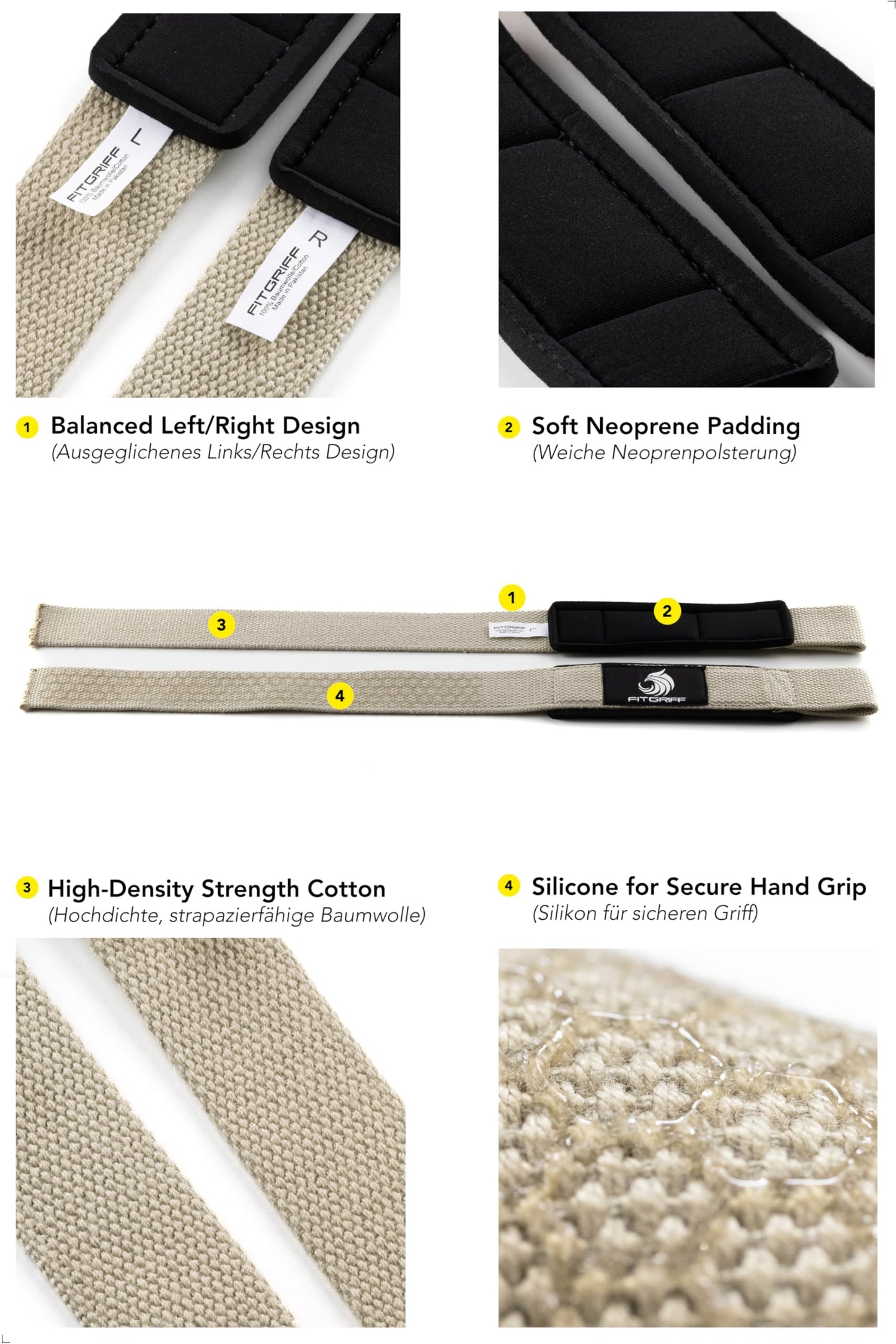 Fitgriff® Lifting Wrist Straps for Weightlifting, Gym, Deadlift, Workout (Made of Premium Cotton & Padded) - Men & Women (Standard, Sand (Silicone-Grip))