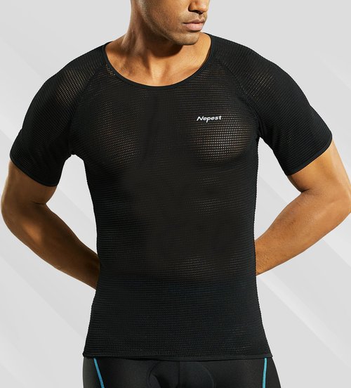 Nepest Men's Short Sleeve Biking Base Layer, 2 Pack Breathable Mesh Cycling Jerseys Bicycle Tops Ultralight Bike Baselayer Undershirt Sports Lightweight Quick Dry Black,L