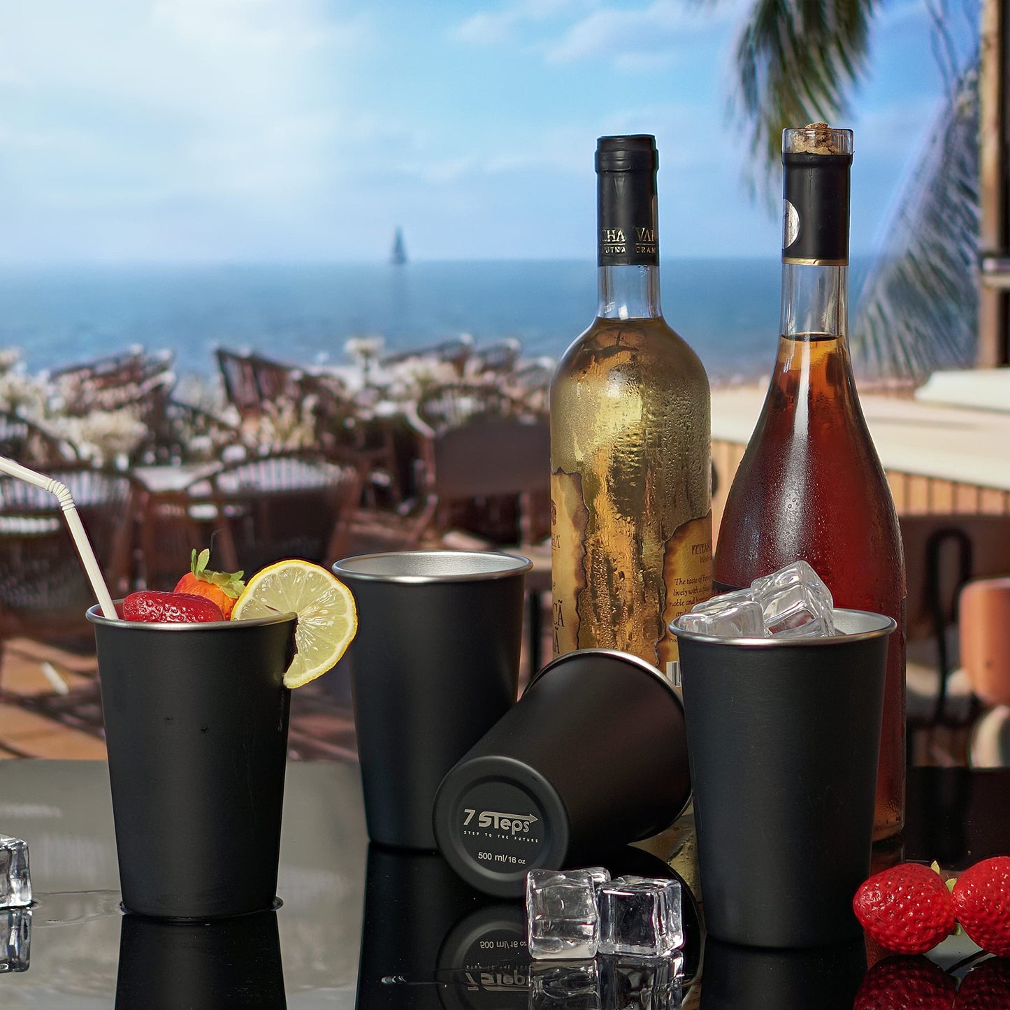 7 Steps - Stainless Steel Pint Cup 500 ml / 16 oz - Durable - Reusable - Party - Outdoor - Hiking - Camping - Picnic - Stackable Cup for Beer Juice Soda (Pack of 4) (Black)