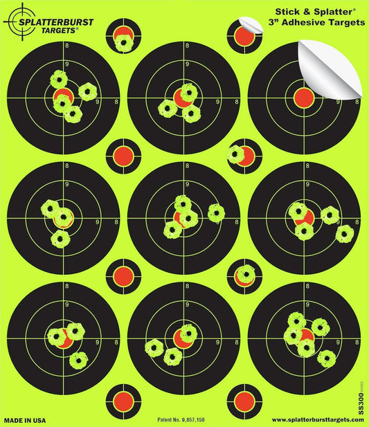 Splatterburst Targets - 3 inch Stick & Splatter Self Adhesive Shooting Targets - Rifle, Pistol, Airsoft, BB Gun, Pellet Gun, Air Rifle - Made in USA