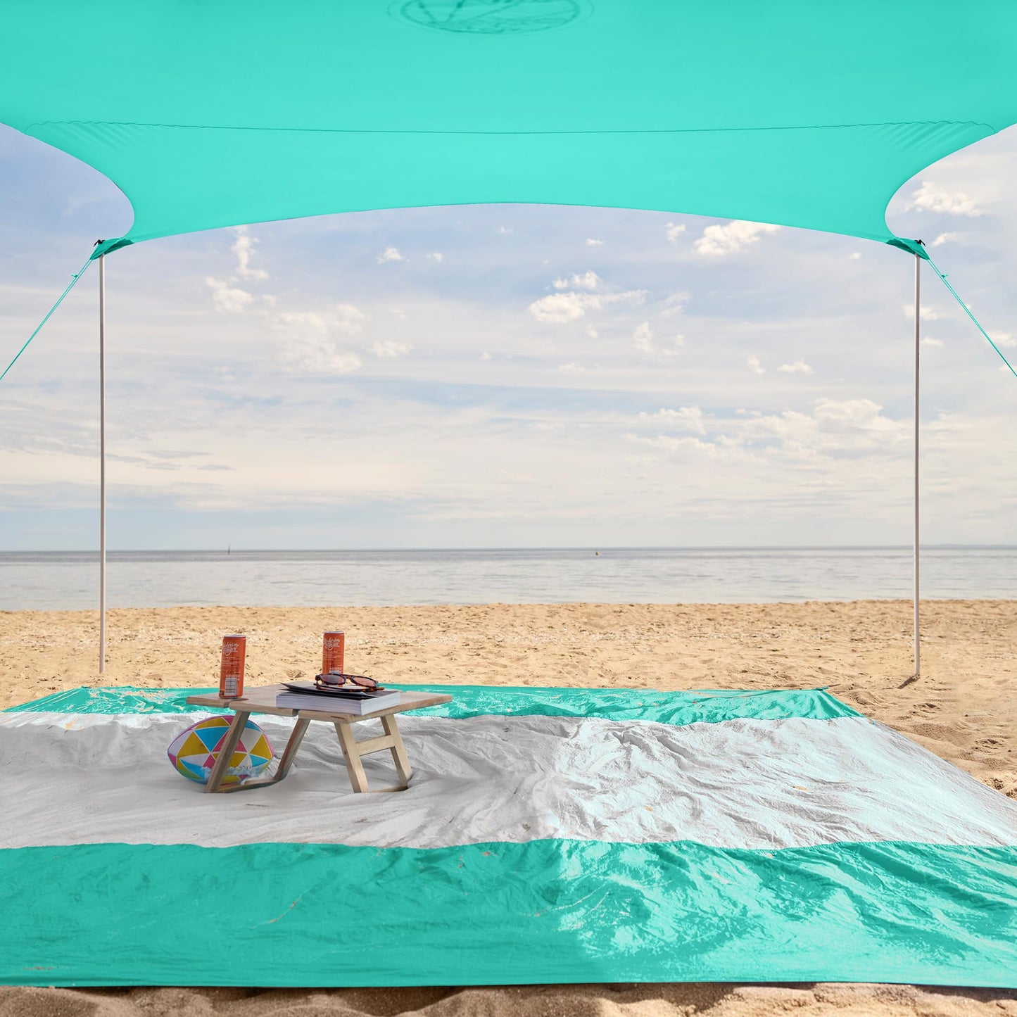 WEKAPO Beach Tent Sun Shelter - Easy Setup Beach Canopy with 4 Sturdy Poles, Large Sandbags and Shovel, 6'7'' Tall, Windproof Sun Shade for Backyard and Camping, UPF 50+ Protection
