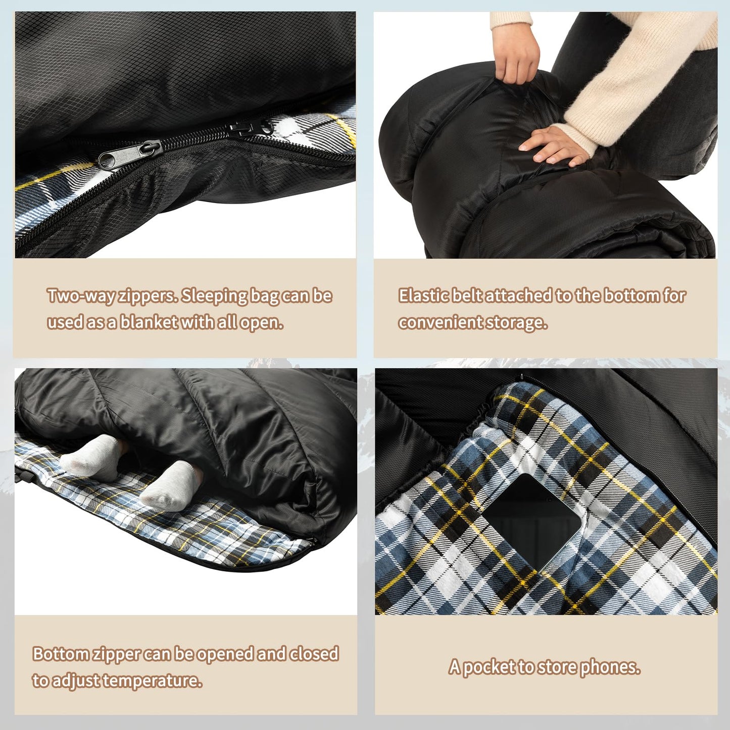 GEERTOP Flannel Sleeping Bag for Adults XXL 4 Season, 0 Degree Sleeping Bag for Winter Cold Weather (Black)