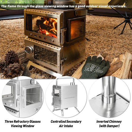 POMOLY Camping Tent Stove Oven Wood Stove, Baker Stainless Steel Wood Burning Stove for Hiking, Cooking, Heating (with Oven)