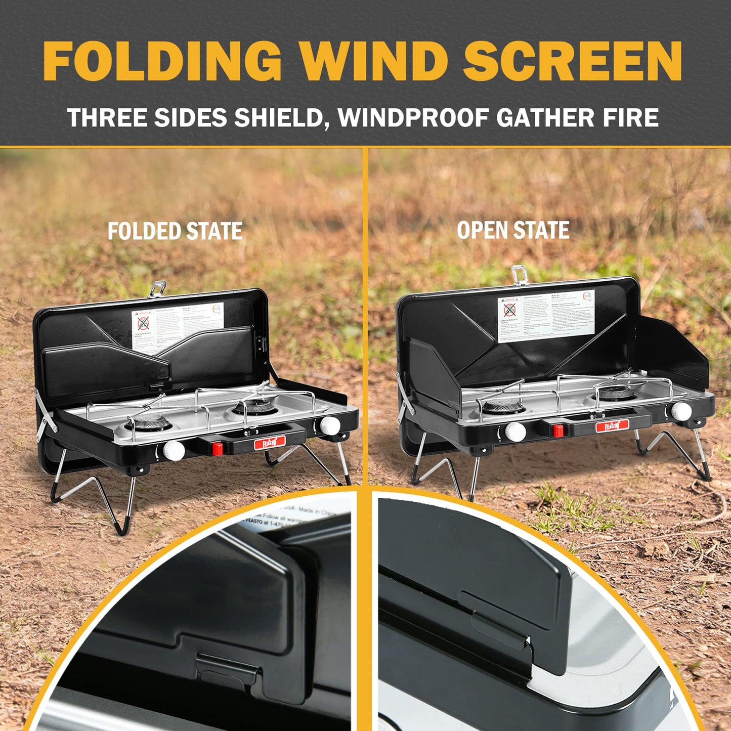 FEASTO Camping Propane Stove, Portable Camping Grill Stove, Push-Button Ignition, Adjustable Windproof Burners, Wind Guards, Folding Legs, 28,000 BTU Camping Stove, Outdoor Camping Cooking, Picnic