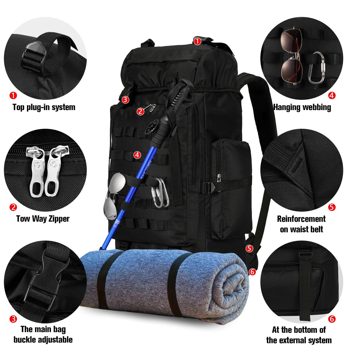 70L/100L Large Camping Hiking Backpack with Rain Cover, Waterproof Molle Rucksack Military Tactical Backpack, Lightweight Backpacking Daypack for Trekking Climbing Outdoor