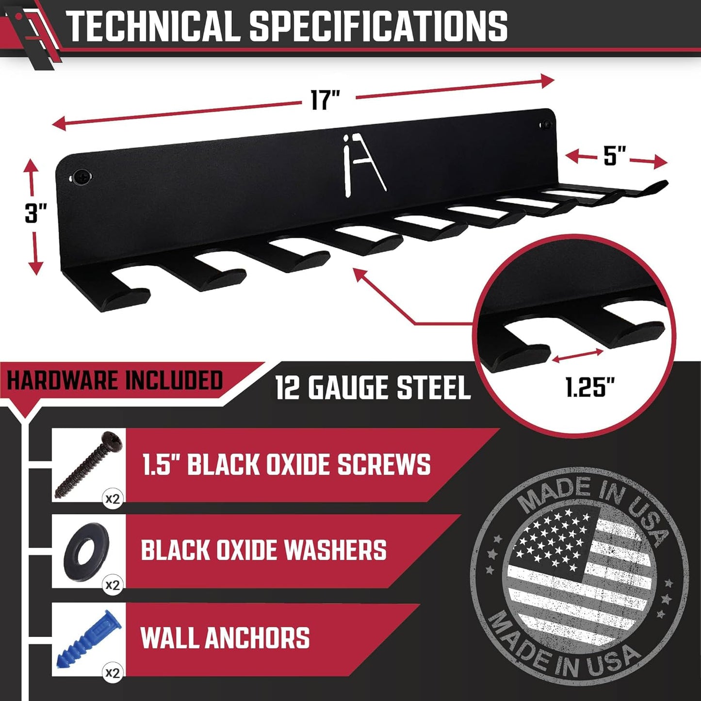 IRON AMERICAN) Gym Storage Hanger/Heavy Duty Multi-Purpose Gym Rack for Lifting Belts, Chains, Exercise Bands, Jump Ropes (mounting hardware included)