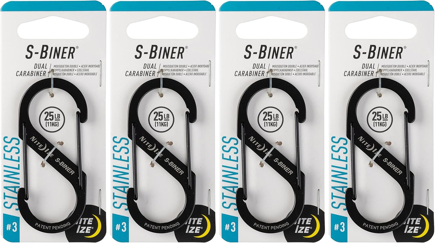 Nite Ize S-Biner Dual Carabiner Stainless Steel, Black, #3-Size, SB3-03-01 (4-Pack)