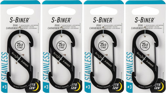 Nite Ize S-Biner Dual Carabiner Stainless Steel, Black, #3-Size, SB3-03-01 (4-Pack)