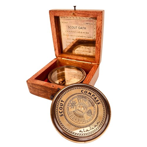 Scout Compass Gift Boys - Engraved Scout Oath Compass in Wood Box Scout Always Prepared Camping Orienteering Compass, Hiking Backpacking Compass Gift, 50 Year calander (#1 Scout Compass w Lid)