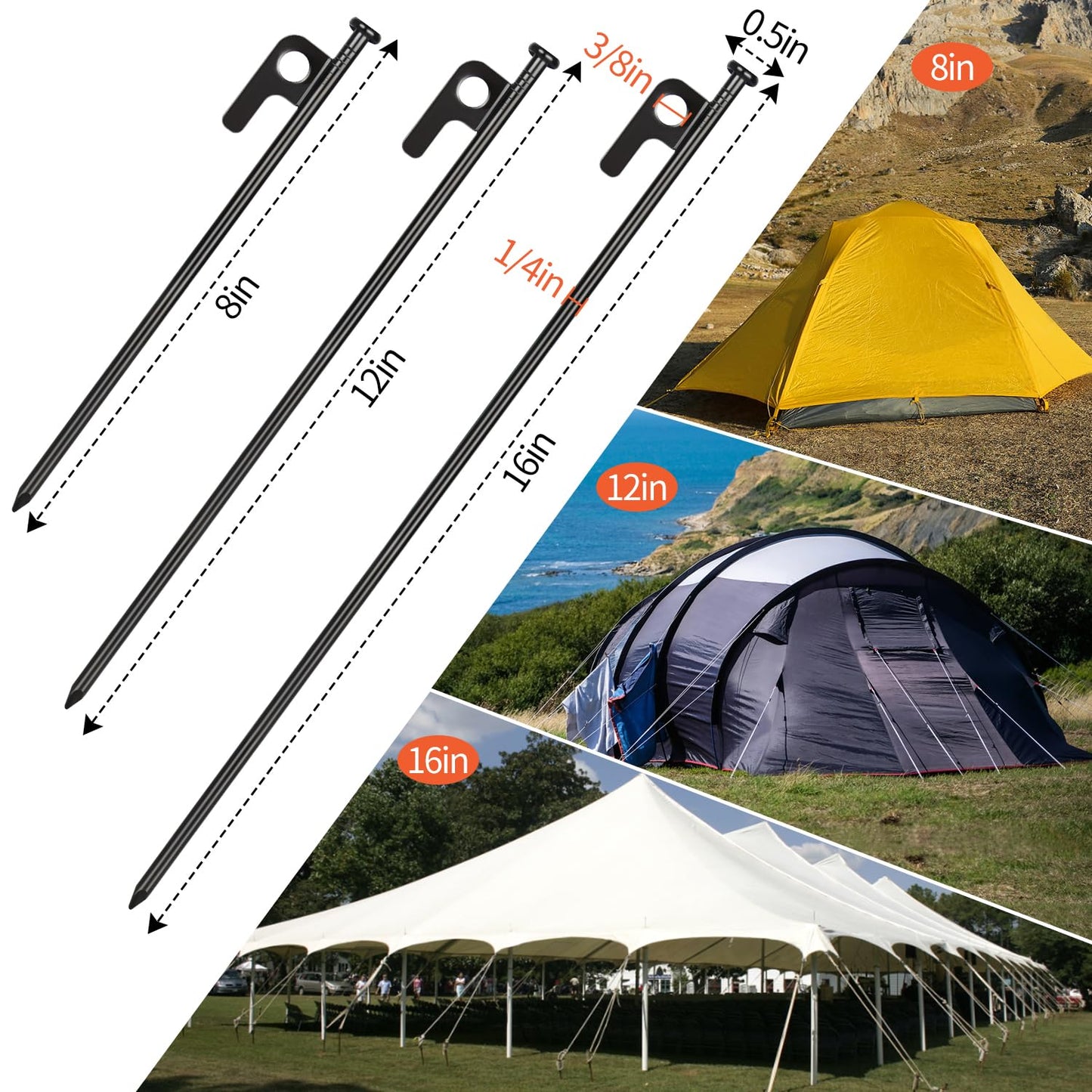 8 Pack 8in Heavy Duty Forged Steel Tent Stakes, with Storage Bag, for Camping