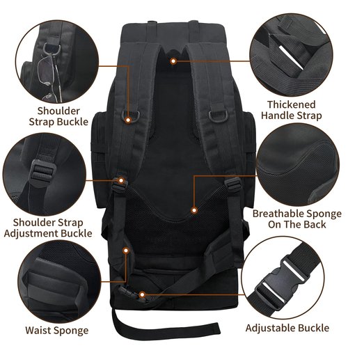 Vaupan Hiking Backpack, 100L Large Camping Backpack, Expandable Waterproof MOLLE Rucksack, Outdoor Sport Travel Daypack Military Tactical Back pack for Men Women (Black)