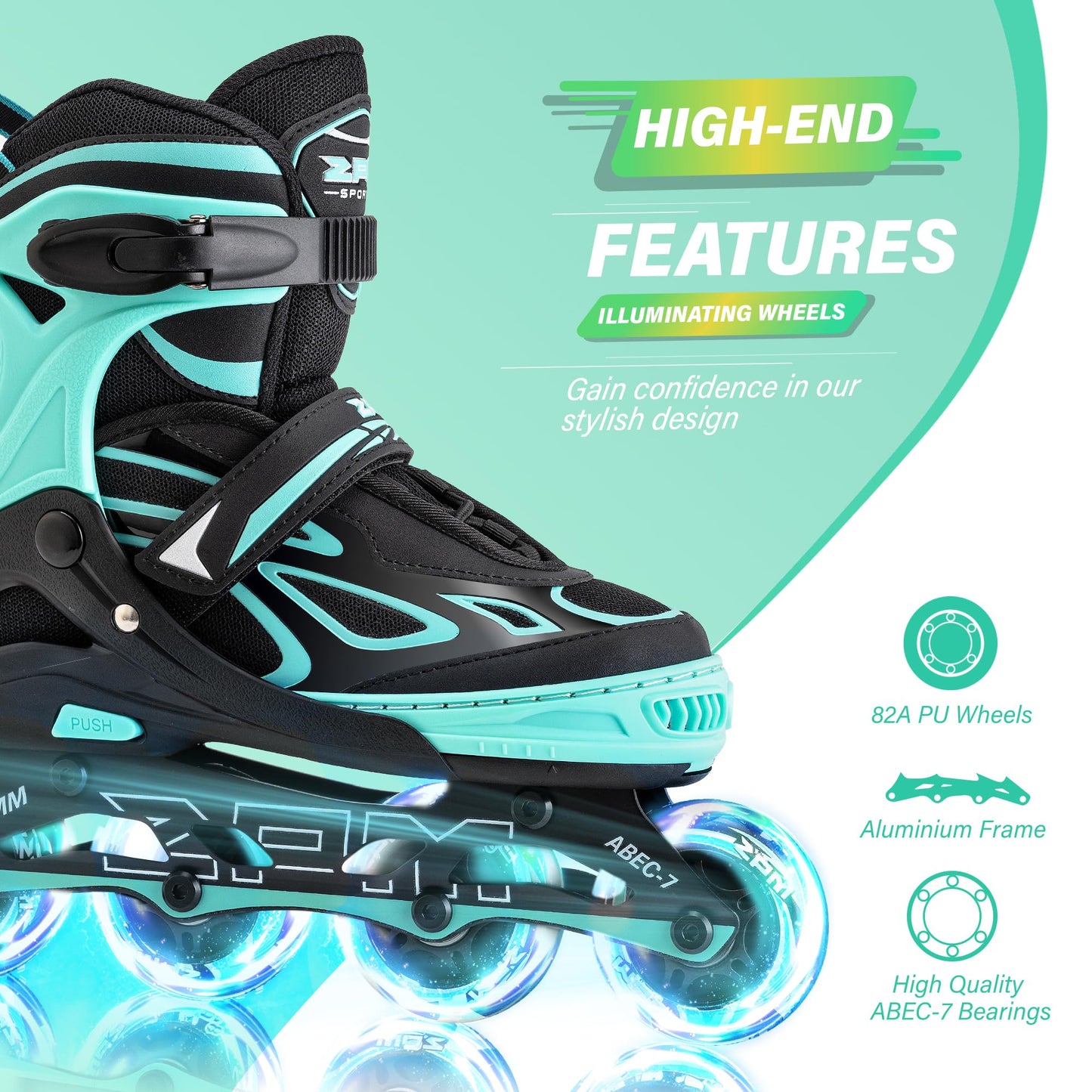 2PM SPORTS Vinal Girls Adjustable Flashing Inline Skates, All Wheels Light Up, Fun Illuminating Skates for Kids Women and Men - Mint Small