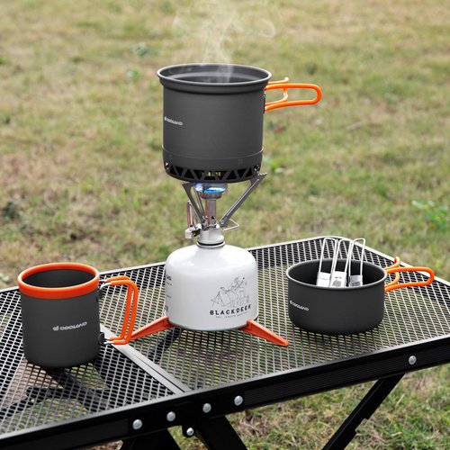 Odoland Camping Pots with Heat Exchanger Camping Cooking Set with Portable Camping Stove Camping Mess Kit Include Mug, Folding Utensil Set, Canister Stabilizer for Backpacking Outdoor Hiking & Picnic