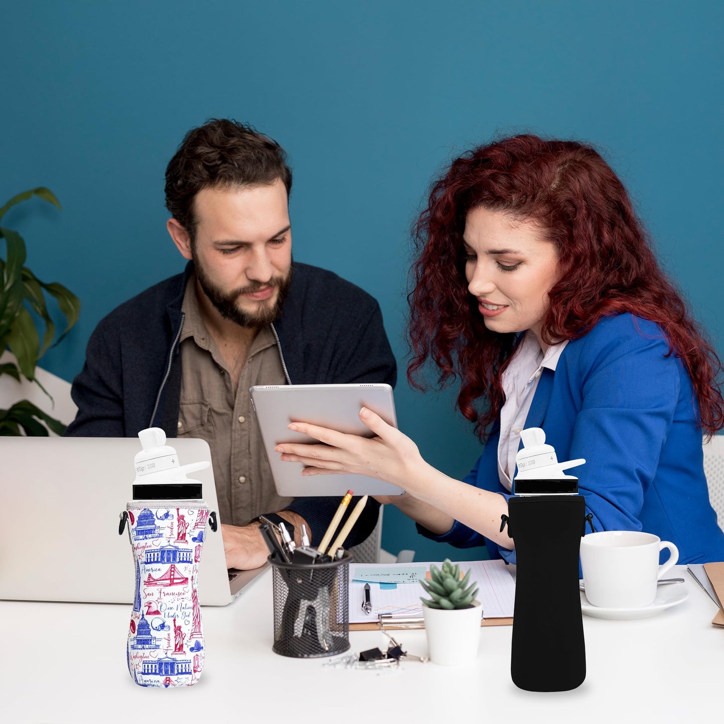 ARefugen 2Pcs Sleeve Fit for 22 oz Cirkul Water Bottle - Neoprene Insulated Sleeve for Plastic Glass Stainless Steel Bottle, Water Bottle Cover Holder Carrier with Shoulder Strap (Patriotic & Black)