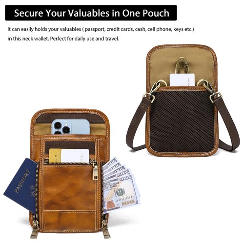 LANNSYNE Leather Sling Bag For Men Crossbody Chest Daypack fits 10.5" iPad,Leather Travel Wallet Neck Wallet Travel Pouch for Men and Women Keep Valuables Safe