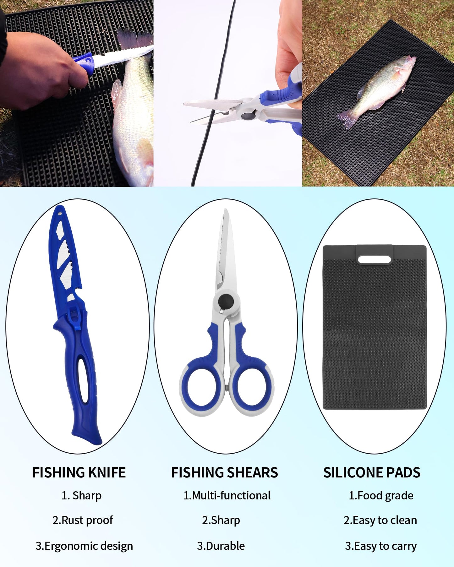 AOFUXTI Fishing Tool Kit - Fishing Pliers Kit, 112Pcs Fishing Gear and Equipment, with Fish Hook Remover, Fishing Scale, Fishing Scissors, Fish Lip Gripper, Fishing Lures (Blue and Fisherman's hat)