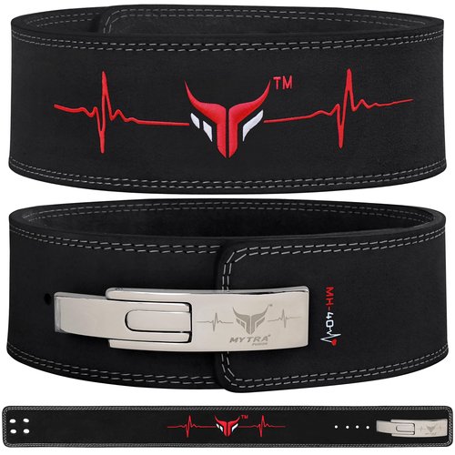 Mytra Fusion Gym Belt with Lever Buckle Weight Lifting Belt for Men and Women 4" wide Genuine Leather Powerlifting Belt for Gym, Training, Weightlifting, Bodybuilding Fitness and Workout (M, Black)