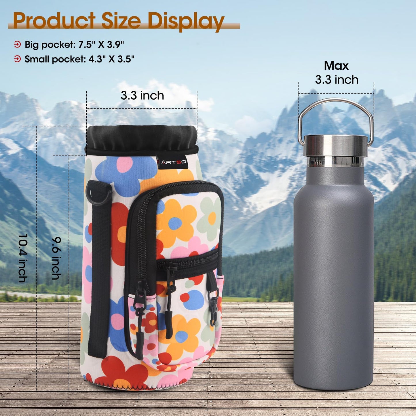 ARTSO Water Bottle Carrier Bag with Phone Pocket, Neoprene Sleeve Water Bottle Holder Sling Bag Pouch with Adjustable Strap 25/32/40/64 oz for Walking Hiking Camping Gym(25oz, Colorful Flowers)
