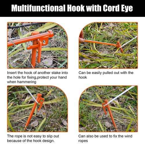 Eurmax USA 10 inch Multiuse Heavy Duty Steel Tent Stakes Tarp Pegs Camping Stakes for Outdoor Camping Canopy and tarp with 4 Ropes 10FT Length,8pcs(Orange)