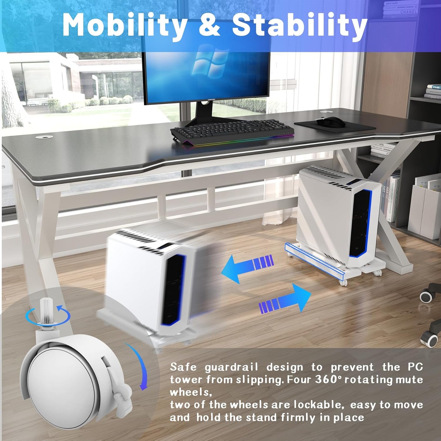 Mobile CPU Stand, CPU Rolling Stand Adjustable Computer Mobile Cart Holder with Locking Caster Wheels PC Stand - Black