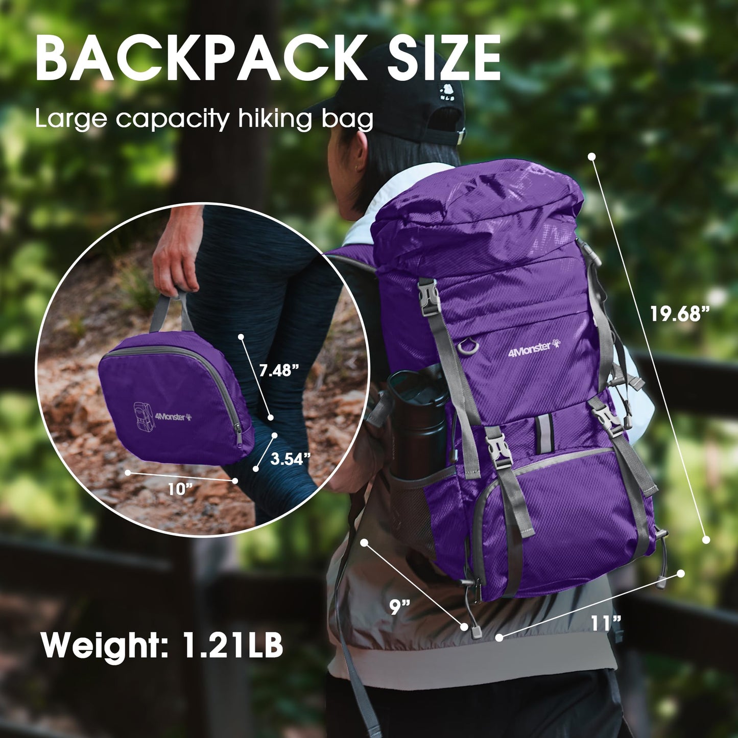 4Monster Portable Hiking Backpack,Lightweight Packable Hiking Daypack,Water Resistant Carry on Backpack for Travel Camping Outdoor (32L, Purple)